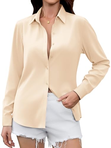 Cream White Button Down Shirt Women Shirts for Womens Silk Fitted Blouse Satin Women's Flowy Blouses Plus Size Professional Clothes Tops Business Casual Dressy Oversized Long Sleeve Work Beige M