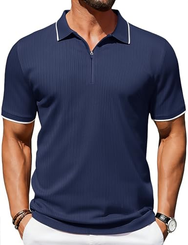 Cotrasen Men's Polo Shirts Textured Knit Short Sleeve Zipper Polo Shirt Collared Slim Fit Business Casual T-Shirts Navy 2XL