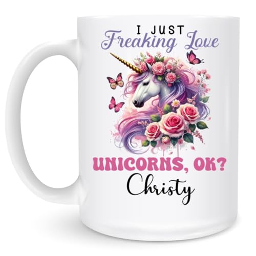 Personalized Name I Just Freaking Love Unicorns Mug For Fantasy Fans Women Girls, Custom Unicorn Coffee Cup With Pink Roses Floral Art 11oz 15oz, Cute Magical Creature Themed Rainbow Drinkware -  Velliro, Mugsell-25-FD1104DD3462-12