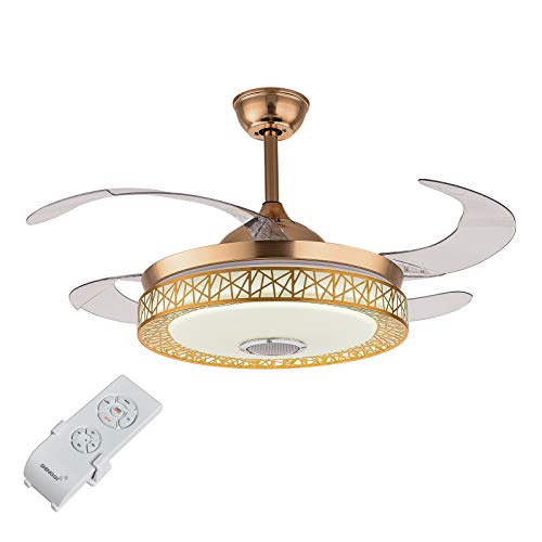 42 Inch Bluetooth Ceiling Fan Light with Remote, 3 Colors LED Dimmable Fan Chandelier 4 Retractable Blades Fan Music Player Chandelier for Dining Room Living Room Bedroom (Gold) 42 Inch Bluetooth Ceiling Fan Light with Remote, 3 Colors LED Dimmable Fan Chandelier 4 Retractable Blades Fan Music Player Chandelier for Dining Room Living Room Bedroom (Gold)
