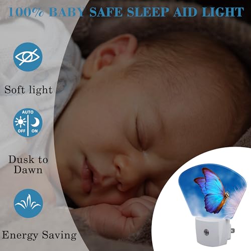 Image of Beautiful Blue Butterfly Night Light, Dandelion Nightlight Plug into Wall with Dusk to Dawn Sensor for Kid Girls Boys Women Men Bedroom, Hallway, Kitchen, Bathroom, Stairs Decor