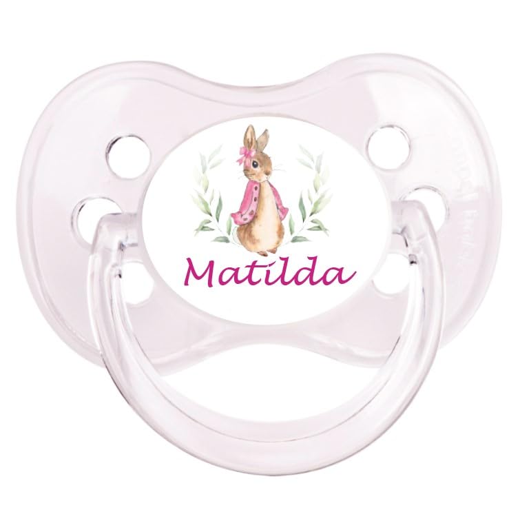 Personalised Dummy Pacifier Soother, All Teats, Sizes & Colours, Pink Rabbit