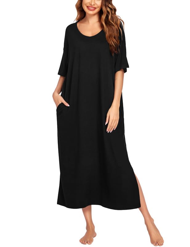 Ekouaer Long Nightgown for Women Short Sleeve Sleepwear Plus Size Loungewear with Pockets M-5XL