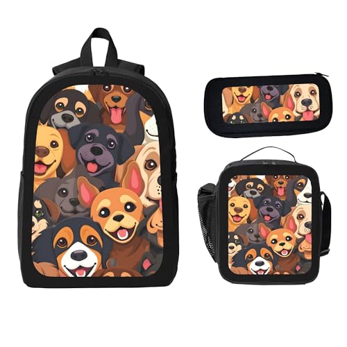 Cute Cartoon Animal Dog Large 3-Piece Backpack Set with Insulated Lunch Box & Pencil Case Waterproof 17 Inches Backpacks Bag Back Packs Pencil Pouch Lunch Bag for Men Women 3 Pcs (Black)2