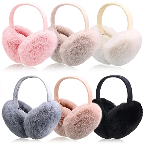 Yahenda 6 Pcs Winter Ear Muffs Fluffy Faux Fur Warm Earmuffs Fuzzy Foldable Women's Earmuffs Cute Adjustable Outdoor Ear Warmers Girls Women Winter Earmuffs, 6 Colors #TOP22