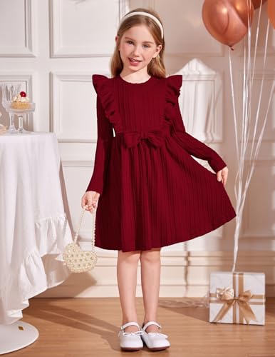 Arshiner Toddler Girl Dress Ruffle Ribbed Knit Long Sleeve A-Line Swing Fall Winter Bowknot Casual Dress with Pockets3