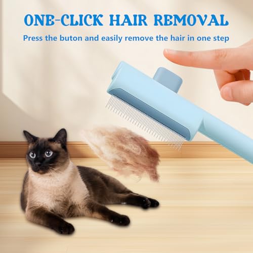 Image of Pet Hair Removal Comb Flea Comb, 2025 New Cat Grooming Brush with Release Button, for Massaging and Cleaning Shedding Pets Hairs, De-Shedding Cat Brush for Short and Long Hair Cats (Blue+Green)