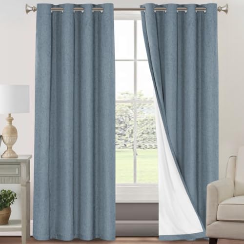 Image of PrinceDeco 100% Blackout Linen Textured Curtains for Bedroom Linen Blackout Curtains 90 Inches Length 2 Panels Set Noice Reducing Soundproof Window Treatment Drapes with White Liner,Stone Blue