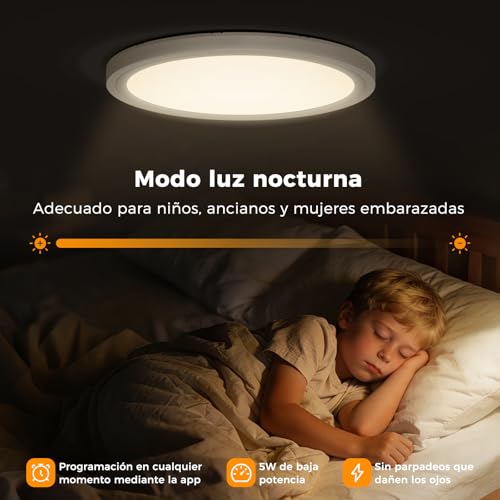 AIKVSXER Plafón LED RGB Regulable 33W Ø40cm, Lámpara de techo con 7 colores y temperatura de color ajustable 3000–6500K, con luz nocturna, Control por mando y app, ideal para salón dormitorio y cocina - imagen 5