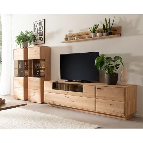 Lomadox Wohnwand Wohnmöbel Set in Eiche massiv geölt 4-teilig, 2 Highboards, 1 Wandboard, 1 Lowboard