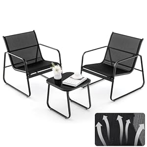 KOMFOTTEU 3 TLG. Balkonset Bistro-Set, Balkonmöbel Set mit 2 Stapelstühle aus Textilene-Stoff & Gartentisch, Garten Sitzgarnitur Sitzgruppe für Balkon Terrassen, Schwarz