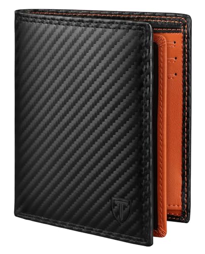 TEEHON Portefeuille Vertical pour Hommes en Cuir Carbone bloquant RFID avec 11 emplacements, 2 fenêtres d'identification, Porte-Monnaie, 2 Compartiments, à Trois Volets