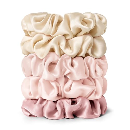 LILYSILK Silk Hair Scrunchies Ties 100% Mulberry Elastic Ponytail Holder for Frizz & Breakage Prevention 5PC (2 gravel gold +2 pale pink+rosy pink) 5pc-01