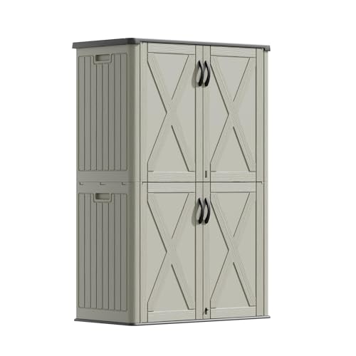 Image of Devoko 50 Cu Ft Plastic Outdoor Storage Cabinet, Beige | Vertical Resin Storage Shed with Lockable Door, Waterproof Shed for Patio Furniture Pool Toy, Garden Tool, Shelf Not Included