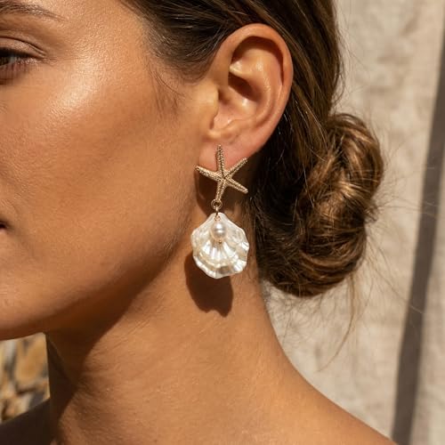Image of Gold Starfish Mermaid Tail Dangle Drop Earrings for Women, Trendy Cute Pearl Fish Tail Shell Textured Hoop Dangling Earing Summer sea Beach Jewelry Gift.