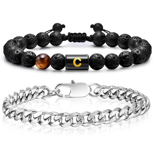 VNOX Bracelets Set Gifts for Men - 2 PCS Letter Initials Bracelets Natural Black Tiger Eye Stone Beads with Stainless Steel Chain Bracelet Christmas Birthday Jewelry Gift for Men Boyfriend D