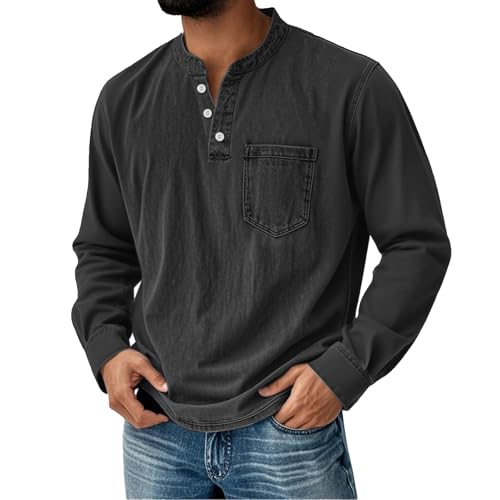 Men's Vintage Henley Shirt Distressed Long Sleeve Button Down Stand Collar Top Classic Retro Washed Tops