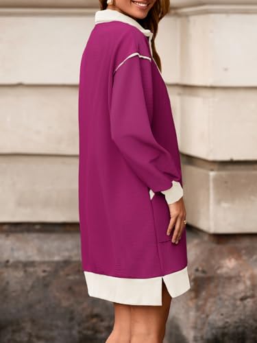 Image of Wenrine Womens Half Zip Sweatshirt Dress Fall V Neck Contrast Mini Dresses