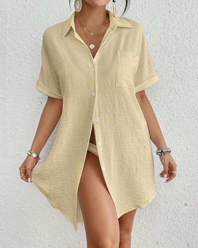 Image of Bsubseach Women Swimsuit Coverup Shirt Dress Button Down Bathing Suit Cover Up Beach Vacation Outfits
