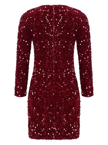 YEAHDOR Kids Girl's Sequin Bodycon Short Dress Long Sleeve Formal Party Ruched Princess Fancy Mini Dress4