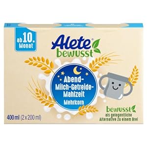 Alete bewusst Abend-Milch-Getreide-Mahlzeit Mehrkorn, ab dem 10. Monat, trinkfertige Babynahrung mit Vollkornhafer, Ersatz zu Babybrei, warm oder kalt trinken, 400 ml (2 x 200 ml) (Packung mit 6)
