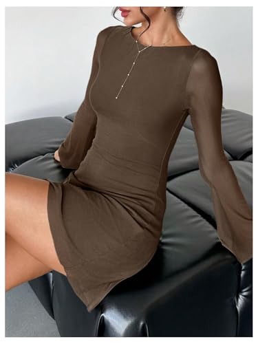 Image of GORGLITTER Women's Bell Long Sleeve Mini Dress Y2k Fall 2025 Mesh Boat Neck Going Out Club Bodycon Short Dress