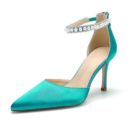 Image of Pointed Toe Pearl Wedding Shoes for Bride White High Heels Satin Bridal Shoes Zipper Back Evening Party Dance Dresses Shoes Pumps for Women