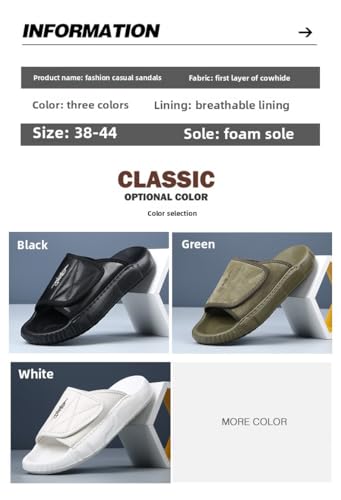 Men's Leather Sandals Summer Casual Slides with Soft EVA Sole for Indoor/Outdoor Comfort (Black/White/Green, Sizes 38-45)4