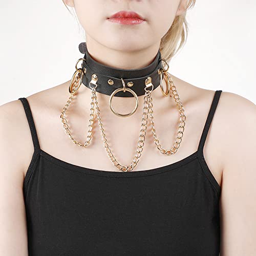 Yijunmca PU Leder Halskette O-Ring Damen Choker Punk Style Leather Halsband Nieten Collar Cosplayer Halsreif Verstellbarer Kragen Kette für Frauen Halloween Party Zubehör, Gold