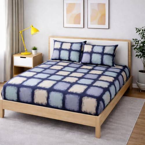 Image of 350 TC Premium Heavy Cotton Feel Elastic Fitted Bedsheet King Size with 2 Pillow Covers || Double Bed with All Around Elastic (Navy Blue., Fitted - Double72x72)