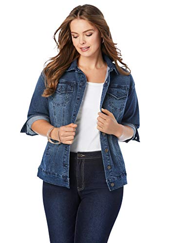 Roaman's Women's Plus Size Boyfriend Denim Jacket - 14 W, Dark Wash
