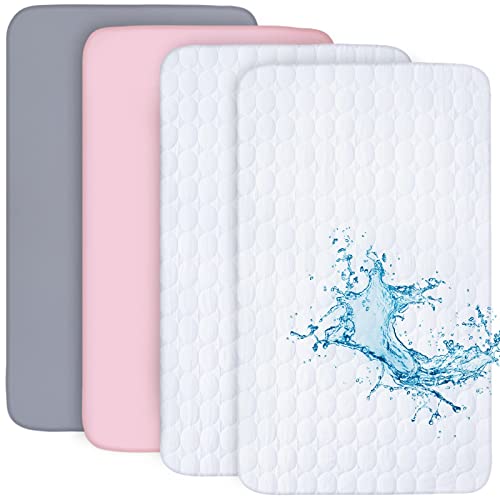 Image of Crib Sheets and Waterproof Crib Mattress Protector 4 Pack Set,Waterproof Crib Sheets Mattress Pad Cover for Baby Boys and Girls, Grey&Pink