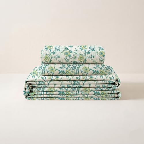 Image of LANE LINEN Symphony | 100% Cotton Sheet Set | Soft & Breathable Fabric | 3 Piece (1 Bedsheet + 2 Pillow Covers) | Super King Bed Sheet Set - Mint and Aqua Flower