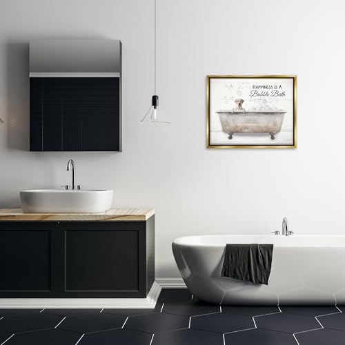 Image of 'Happiness Is A Bubble Bath Dog'| Floating Frame Canvas Art | Stupell Industries | Gold, 31 x 25 Inches, Easy to Hang and Sturdy, Made in USA, by Lori Deiter