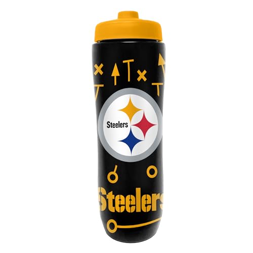 Image of Party Animal NFL Football Squeeze Bottle, 32 oz, Pittsburgh Steelers | Slim, lightweight BPA-free sports water bottle with quick-flow squeeze; fits backpacks & cup holders for kids or adults