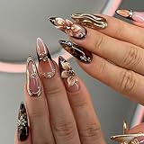 24 Pcs Summer Press on Nails Short Almond,YEFIUO French Nail Tips Fake Nails Press ons Acrylic Nail Kit Cool 3D Metal Charms Flower Pearl Design Nail Art Glue on Nails Full Cover False Nails for Women