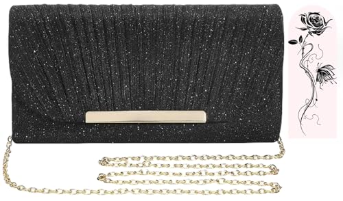 Aryan Black Clutch Bag for Women Womens Clutches Glitter Evening Bag with Detachable Chain Sequins Handbags for Wedding Bridal Prom Party (Black)