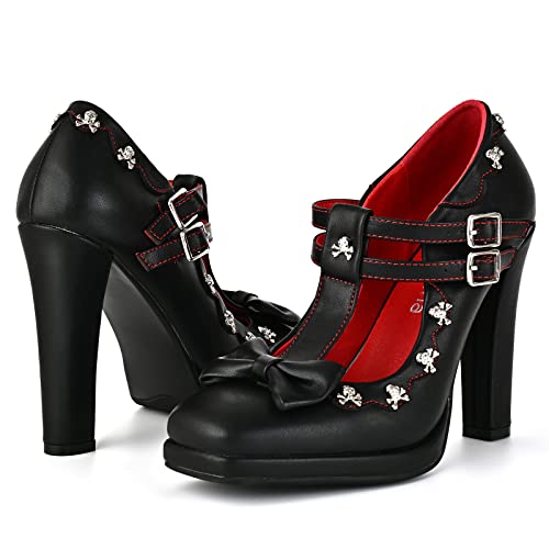 Women's Gothic T-Strap Mary Jane Block High Heel Pumps Platform Closed Toe Buckle Strap Skull Decoration Shoes with Bow4