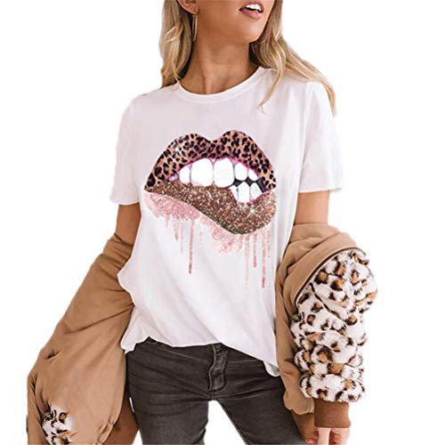 Fuyxxmer Womens Sequined Bling Sparkely Glittery Leopard Lips Graphic Print Casual Round Neck Short Sleeve Tee Tops T-Shirt White Medium