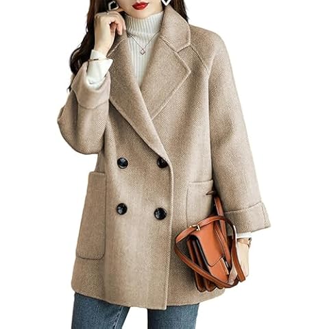 Bankeng Women's Winter Wool Blend Coat Notch Lapel Double Breasted Peacoat Loose Warm Coat Mid-Long Outerwear(Khaki,XL) Cover