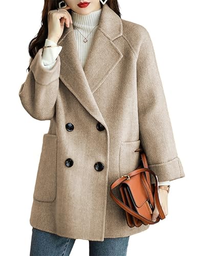 Bankeng Women's Winter Wool Blend Coat Notch Lapel Double Breasted Peacoat Loose Warm Coat Mid-Long Outerwear - Main Image