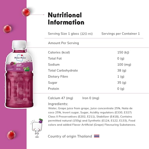 Image of Mogu Mogu Grape Juice Drink with Nata de Coco Jelly 320ml (Pack of 18)| Refreshing Tropical Thai-Made Sip & Chew Beverage