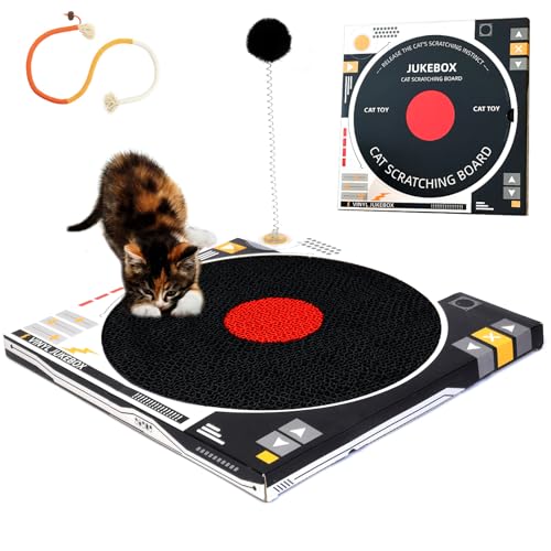 Cat Scratcher, Vinyl Record Player Design, 3-in-1 Multi-Functional Cat Scratching Board with Spring Ball & Chew Rope, Durable Cat Scratch Pad for Scratching, Resting & Play, Perfect for Indoor Cats