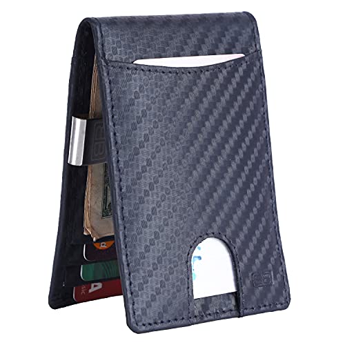 Image of Brooklyn Bridge Genuine Leather Money Clip Wallet for Men Carbon Fiber Black - Premium Slim RFID Protected Wallet with Cash Clip & Multiple Card Slots, Stylish Front Pocket Design, Gift for Men