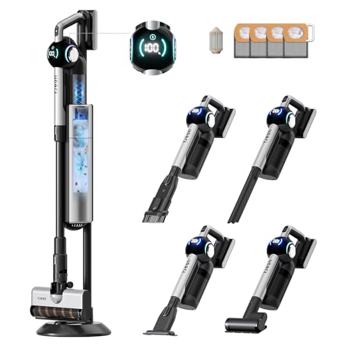 Tjean DustBase P7 Akku-Staubsauger mit automatischer Absaugstation, 550W Motor, 210AW Saugkraft, 60 Min. Laufzeit, 2,5L Staubbeutel, Anti-Verhedlungs-Bürste, HEPA H14 Filter (Silbergrau Metallic)