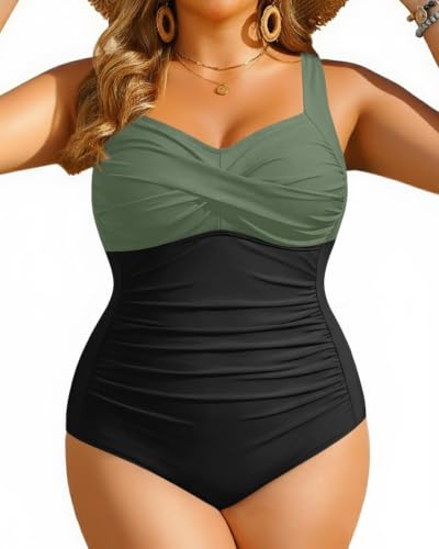 Image of Women Plus Size One Piece Swimsuits Tummy Control Twist Front Bathing Suit | Unremovable Bra, Sweetheart Neckline, Wide Adjustable Straps, Ruched Stomach, Side-Splicing Design, Full Coverage Bottom