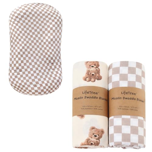Image of LifeTree Muslin Swaddle Blankets Neutral, Baby Lounger Cover for Boys & Girls Newborn, Soft 70% Viscose from Bamboo and 30% Cotton, Large 47 x 47 inches, Bear & Checkered Coffee