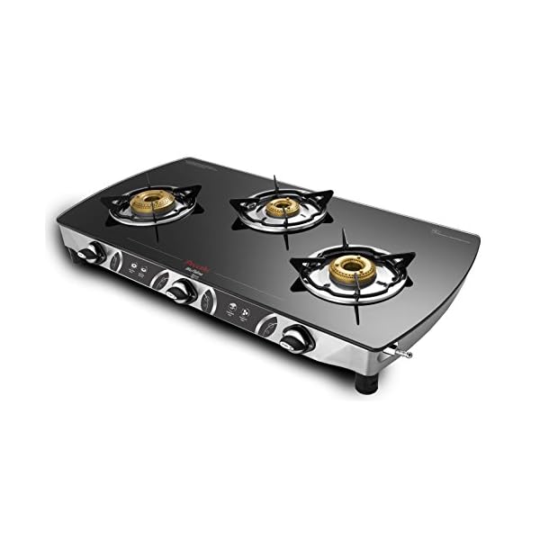 Preethi Blu Flame Blaze Glass top 3 Burner Gas Stove, Manual Ignition, Black (ISI Certified), GTS 117