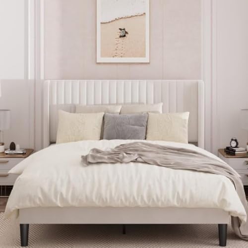 Image of HITHOS Frosted Solid Wood Modern Upholstered King Size Bed with Wingback Headboard | Wooden Double Bed Cot Palang Furture Without Storage (Cream)