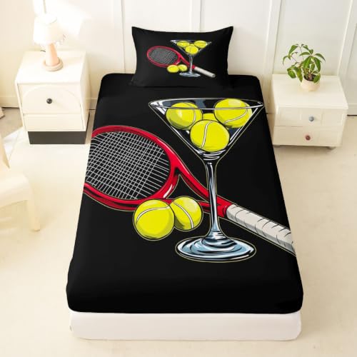 Castle Fairy Retro Tennis Fitted Sheets Twin Size (No Flat),Cocktail Glass Bedding Set 2Pcs,Kids Girls Boys Room Decor,Modern Black Bed Sheet Fashion Sports Deep Pocket Sheet,1 Pillowcase